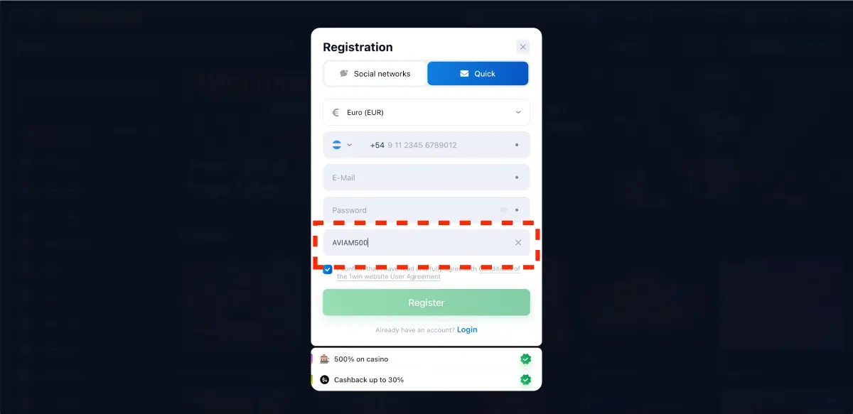 How to register in Avia Masters casino