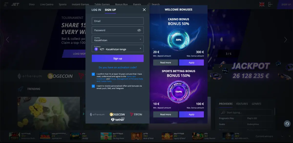 Formulário de registro no Jet Casino com opções de bônus de boas-vindas