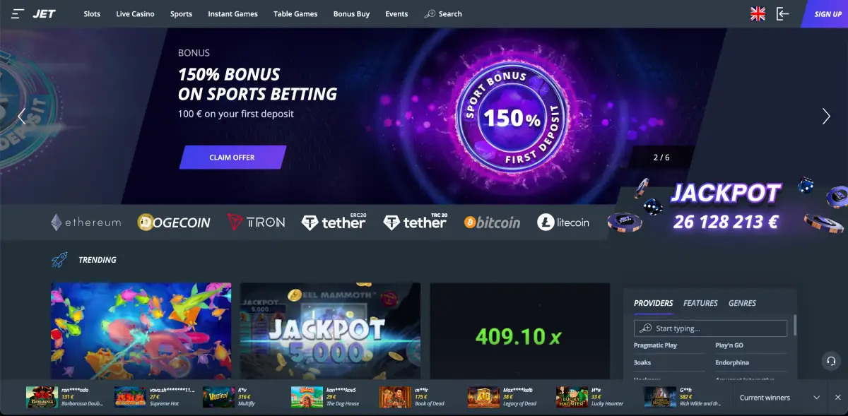 Site oficial do Jet Casino com banner de bônus de cassino
