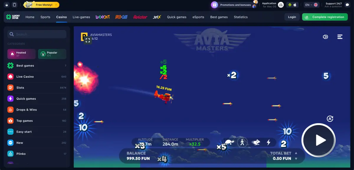 Lucky Star Avia Masters crash game round screenshot