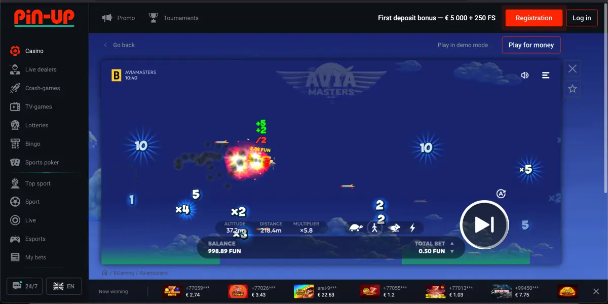 Cashout moment in Avia Masters Pin Up with high multiplier visible on screen