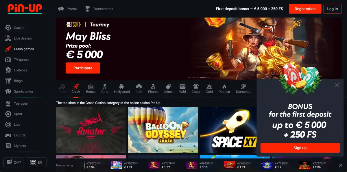 Pin Up casino homepage with main menu and promotional banners
