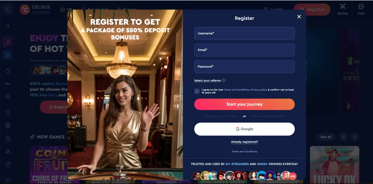 Registration form in Celsius Casino with bonus details and quick sign-up fields