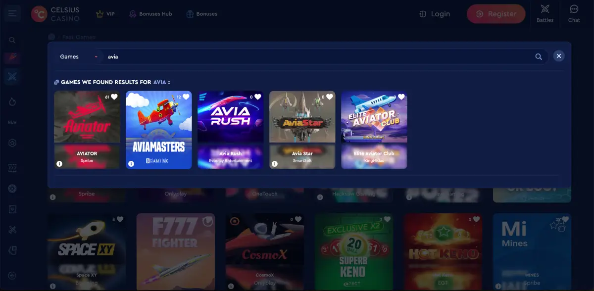 Search results for Avia Masters in Celsius Casino's fast games section