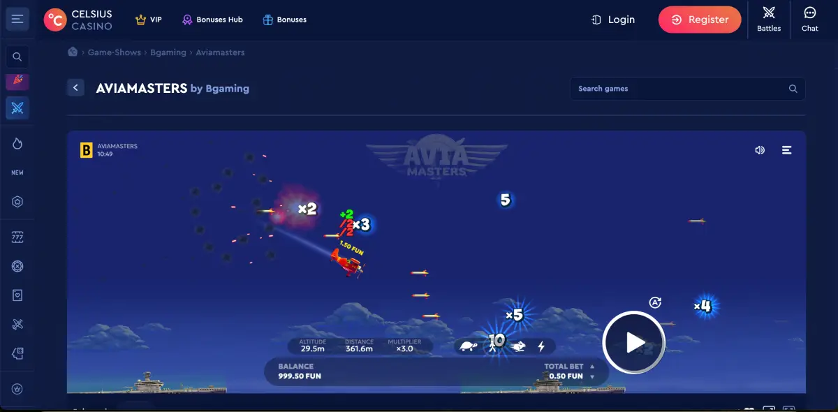 Avia Masters gameplay screen showing multiplier, altitude, and obstacles in flight