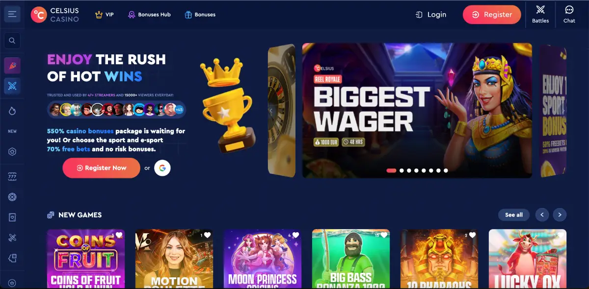 Official Celsius Casino homepage with 550% bonus banner and registration button