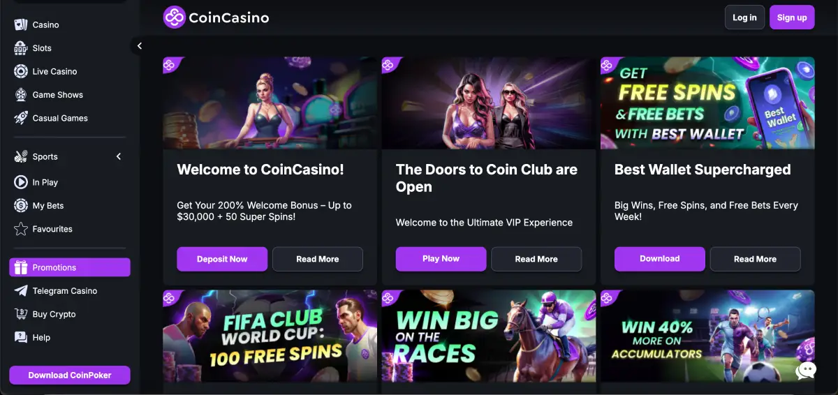 Bonus offers at Coin Casino including 200 percent welcome promo