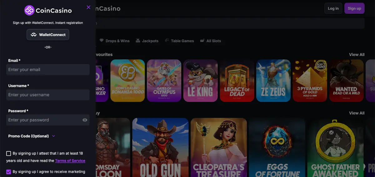 Registration form on Coin Casino homepage